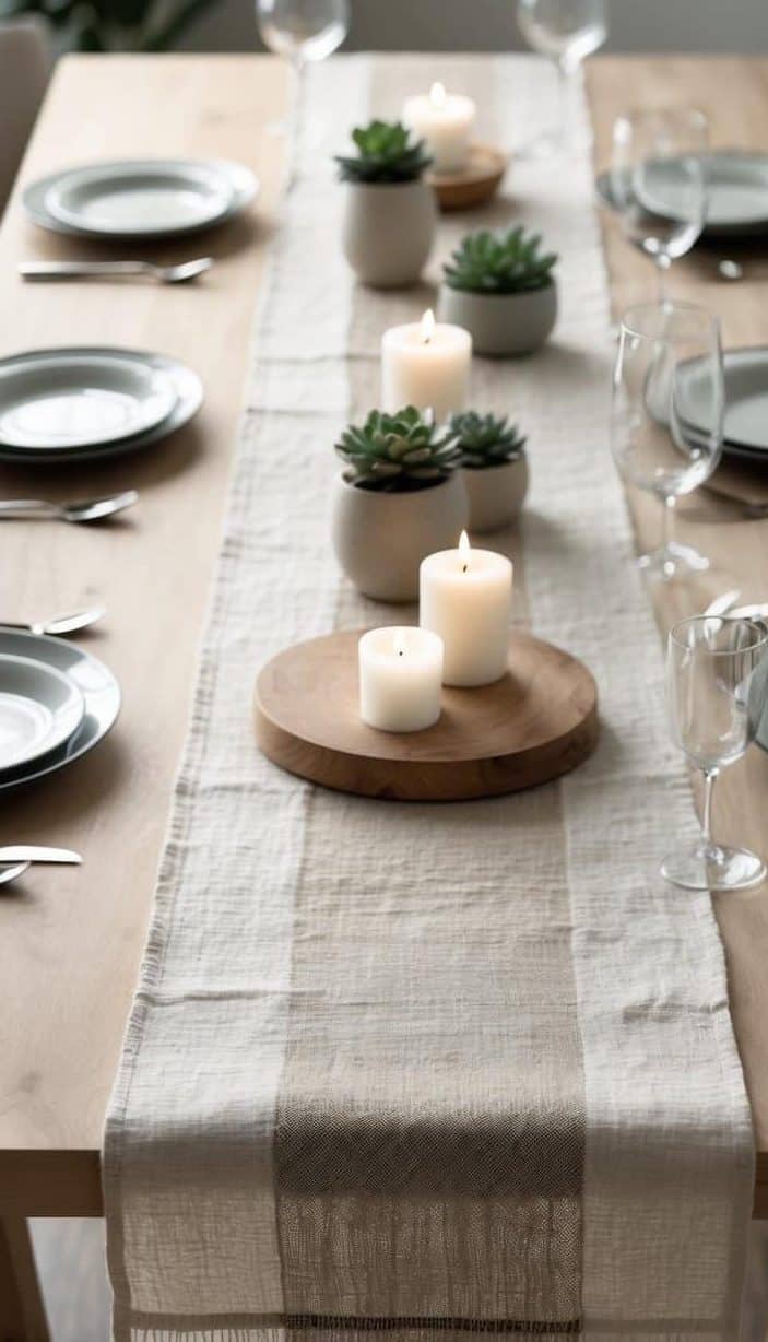 A wooden dining table set with plates, glasses, and a neutral table runner, decorated with lit candles and small potted succulents as a centerpiece.