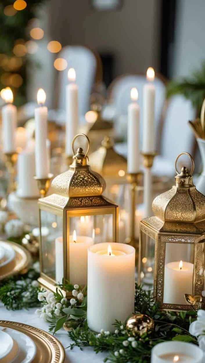 A decorated table set with gold lanterns, white pillar candles, plates, and greenery, creating an elegant and festive atmosphere.
