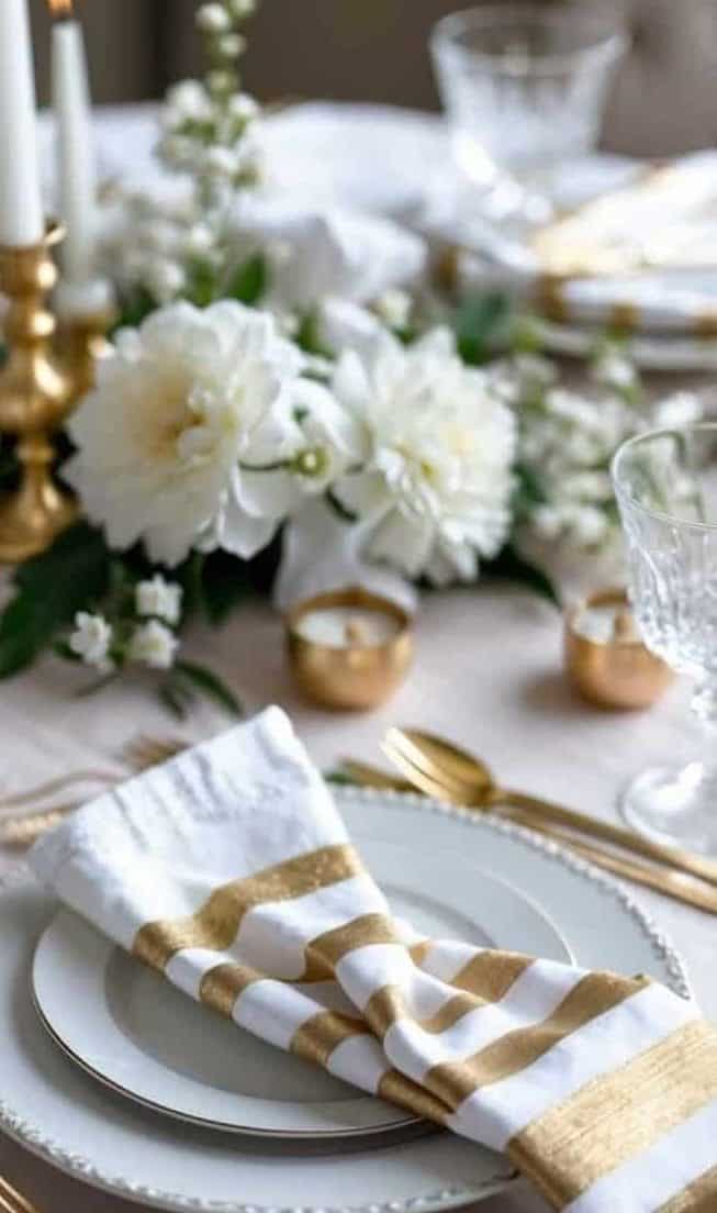 Elegant table setting with gold cutlery, white plates, a striped gold and white napkin, white flowers, candles, and glassware on a light tablecloth.