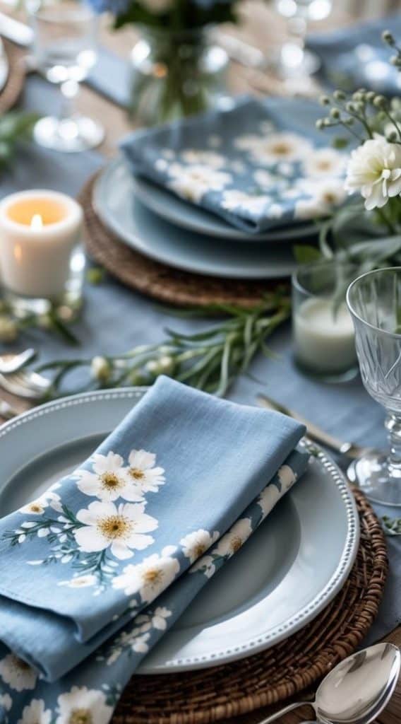 Floral printed blue napkins with white daisies on soft blue plates and rattan placemats