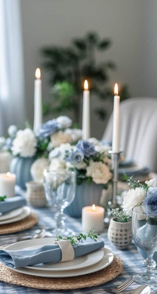 Soft cottage tablescape with gingham runner, candles, and woven chargers in dusty blue tones