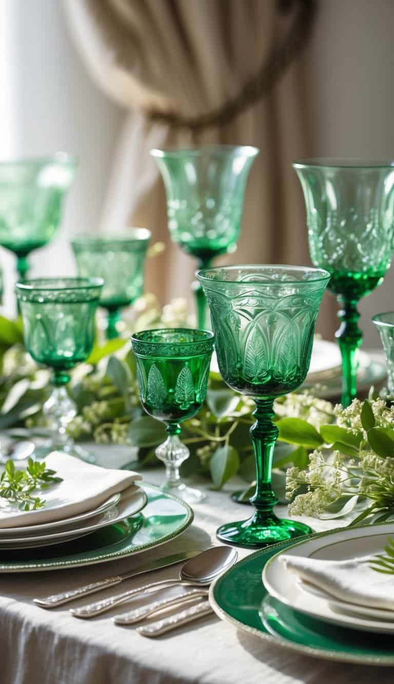 A dining table set with vintage green glassware, white plates, silver cutlery, and greenery accents.