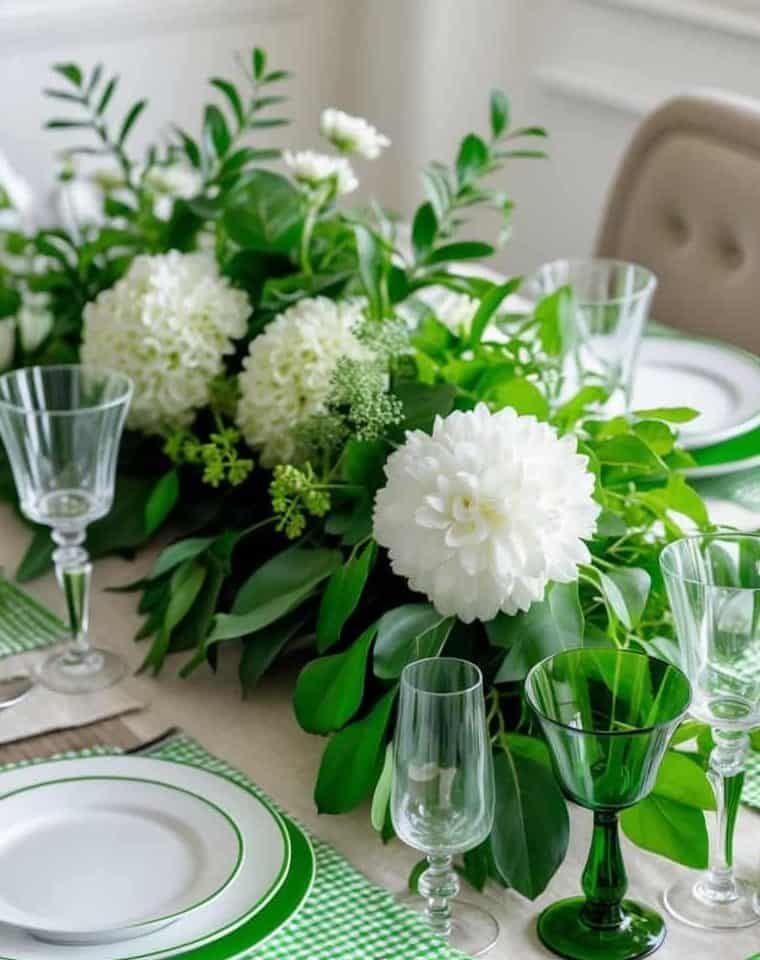 A dining table set with white plates, green-rimmed chargers, glassware, silver cutlery, green checkered placemats, and a centerpiece of white flowers and green foliage.