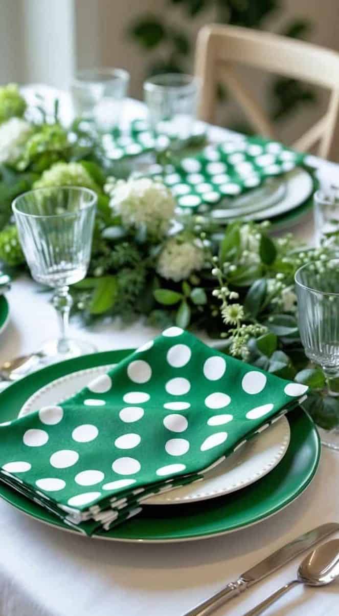 A dining table set with green and white polka dot napkins, green plates, clear glasses, silver cutlery, and a floral centerpiece with greenery and white flowers.