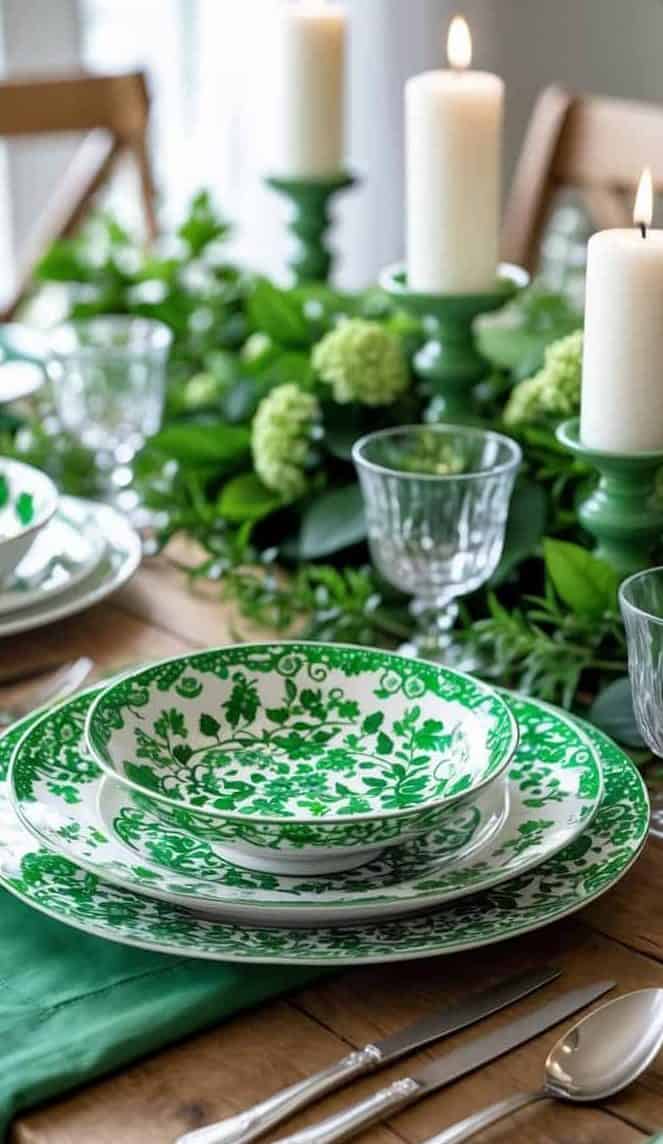 A wooden dining table set with green and white patterned plates, silver cutlery, glassware, green napkins, and three lit white candles with greenery centerpiece.
