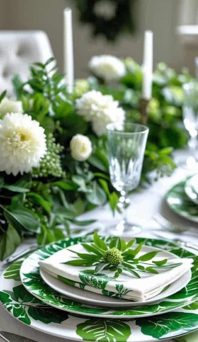 Elegant table setting with green and white leaf-themed plates, matching napkins, crystal glasses, silver cutlery, and white floral centerpiece with greenery.