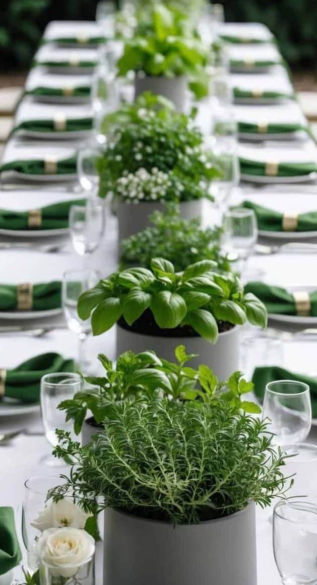 A long dining table set with white linens, green napkins, clear glasses, and potted green plants as centerpieces.