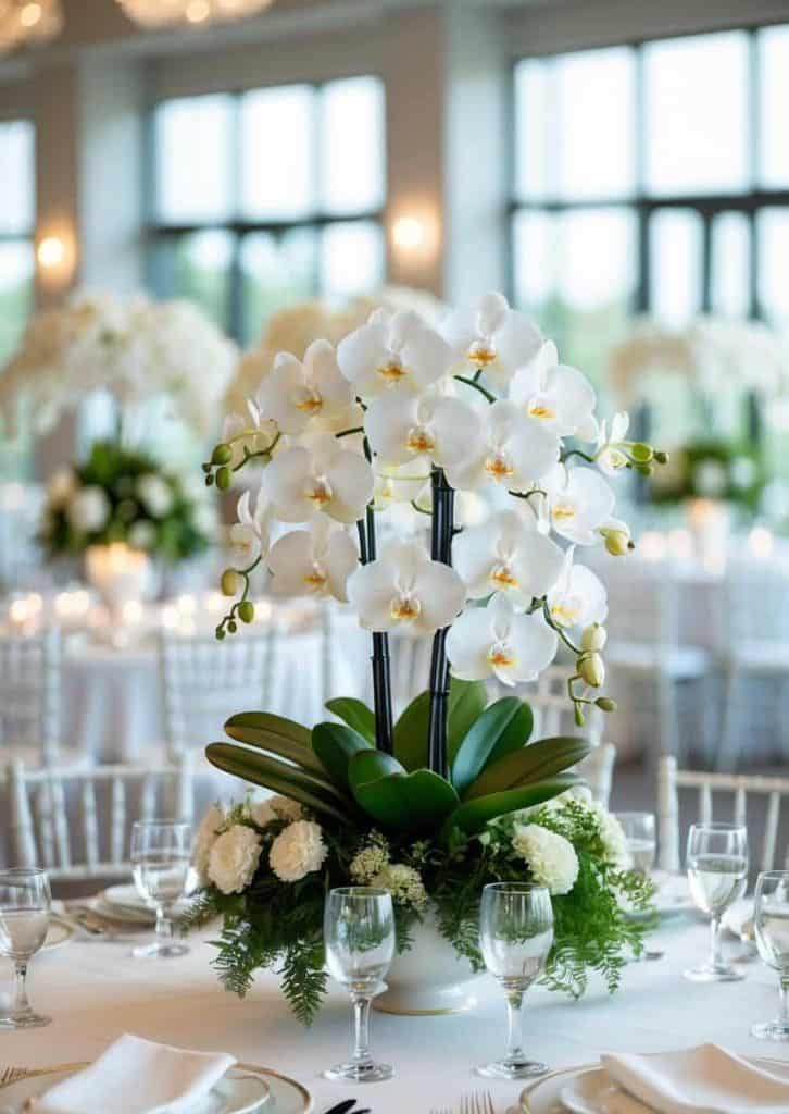 A white orchid floral arrangement with greenery serves as the centerpiece on a formal, elegantly set round dining table in a bright, windowed event space.