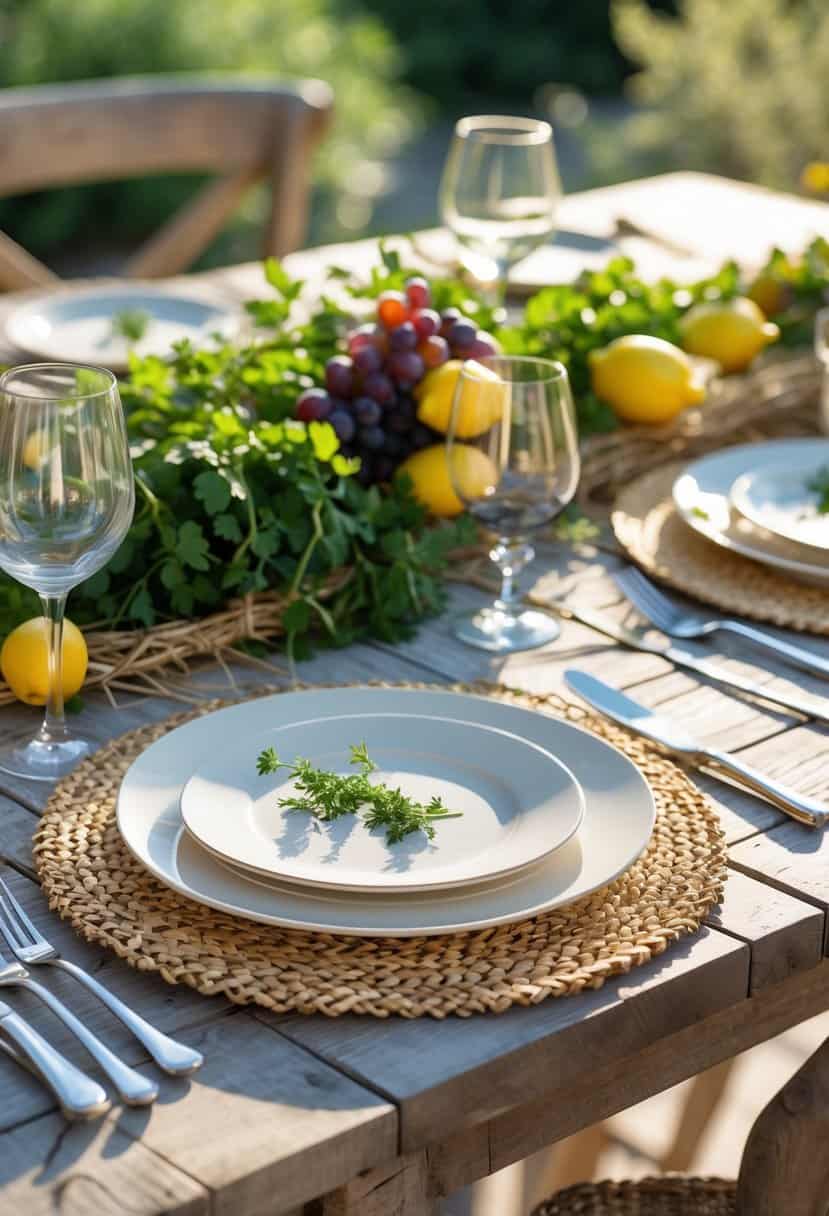 A wooden table set outdoors with woven straw placemats, ceramic plates, silverware, wine glasses, and a centerpiece of herbs and fruits.