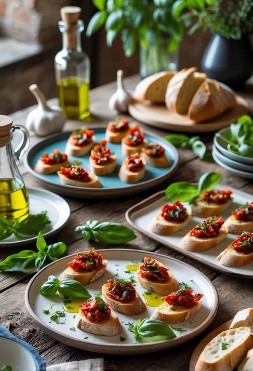 A table set with platters of sun-dried tomato bruschetta, fresh herbs, and bread arranged for an Italian meal.