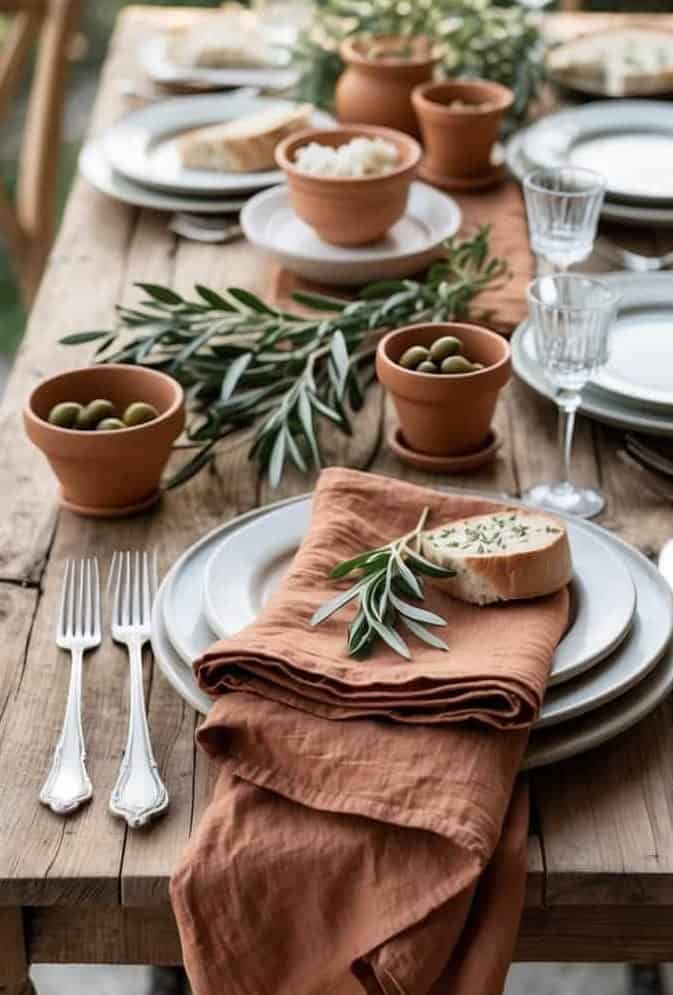 A rustic wooden table set for a meal with white plates, silver cutlery, terracotta bowls of olives, bread, glasses, and olive branches as decoration.