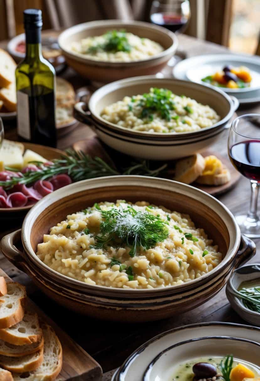 A family-style Italian meal with large ceramic bowls of risotto on a wooden table surrounded by wine glasses, bread, and antipasti.