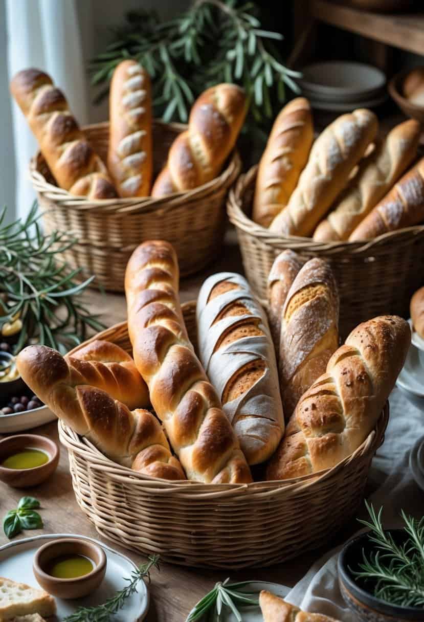 Woven baskets filled with assorted Italian breads arranged on a wooden table with olive oil and fresh herbs.