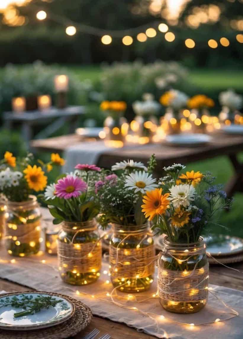 Outdoor dining table decorated with jars of colorful flowers and string lights, set for a gathering at sunset with blurred background of more tables and greenery.