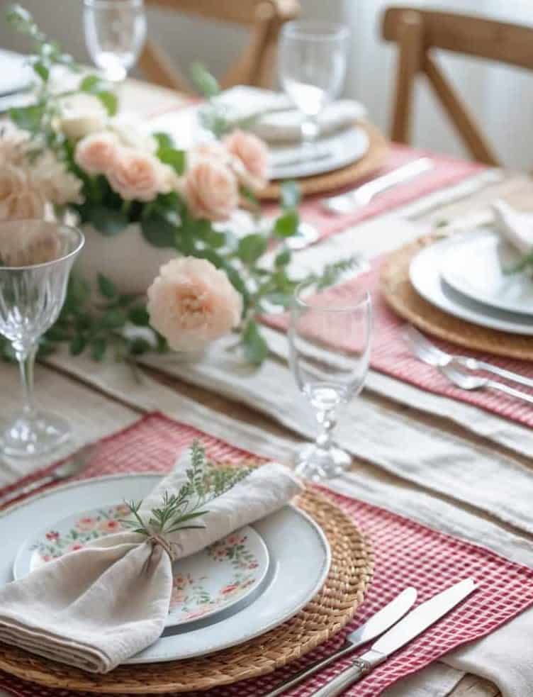 Elegant floral table setting with pastel pink roses and rustic woven placemats for a sophisticated home dining experience. Perfect for spring or garden-inspired gatherings.