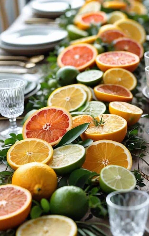 A dining table set with plates, glasses, and cutlery features a centerpiece of assorted sliced citrus fruits and greenery arranged along the center.