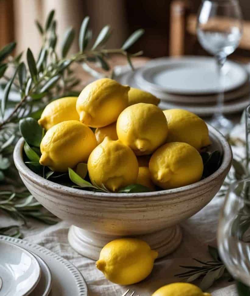 A ceramic bowl filled with fresh yellow lemons sits on a set dining table with plates, cutlery, and sprigs of greenery.