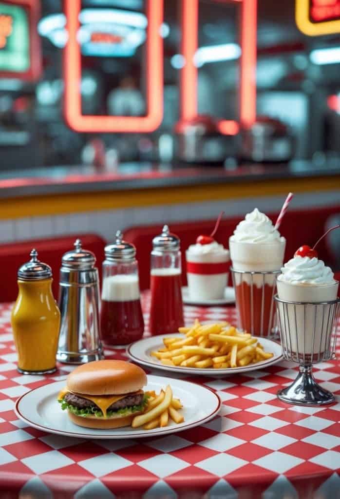 A table in a retro diner set with plates of burgers and fries, milkshakes with whipped cream and cherries, and condiments on a red and white checkered tablecloth.