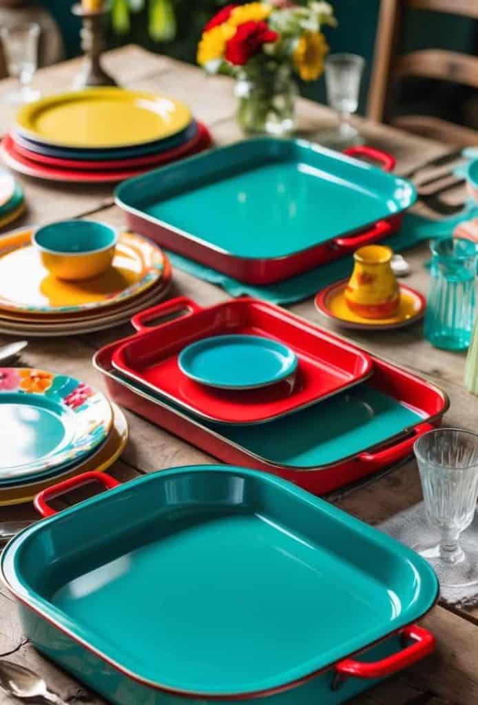 A wooden table set with colorful plates, bowls, and rectangular and square baking dishes in teal, red, and yellow, alongside glasses, cups, and cutlery. Flowers decorate the background.