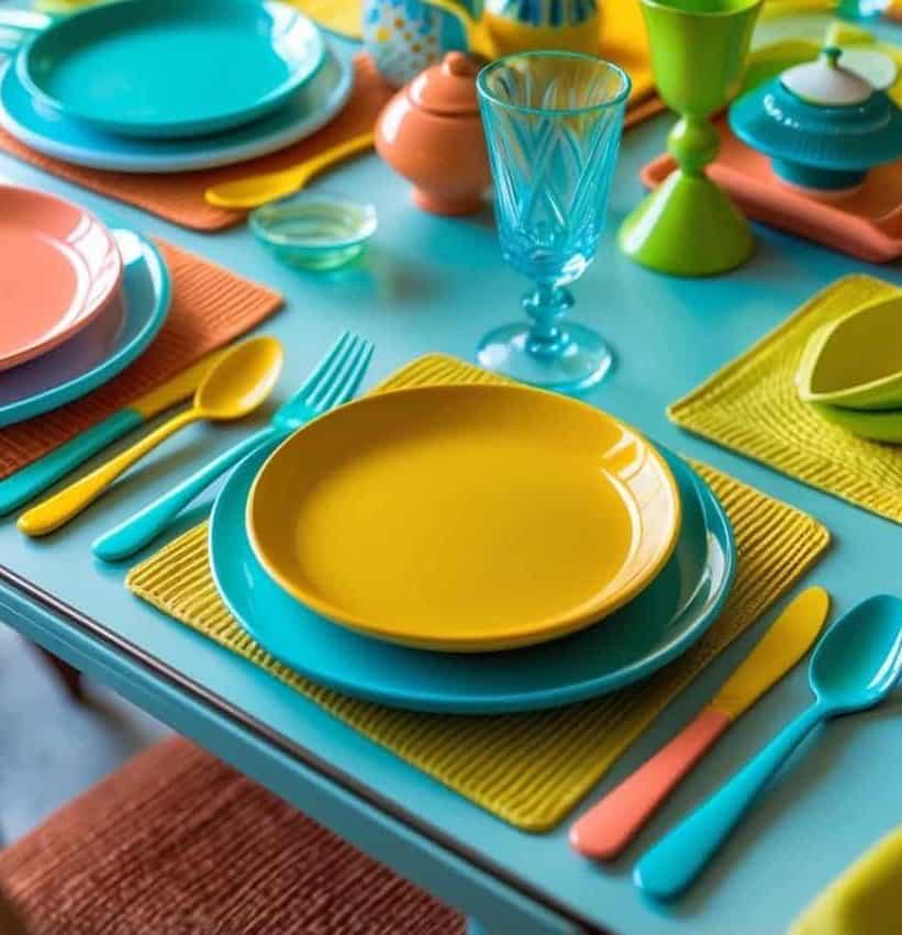 A dining table set with colorful plates, glasses, cutlery, and placemats in shades of yellow, blue, orange, and green. A plant is in the background.