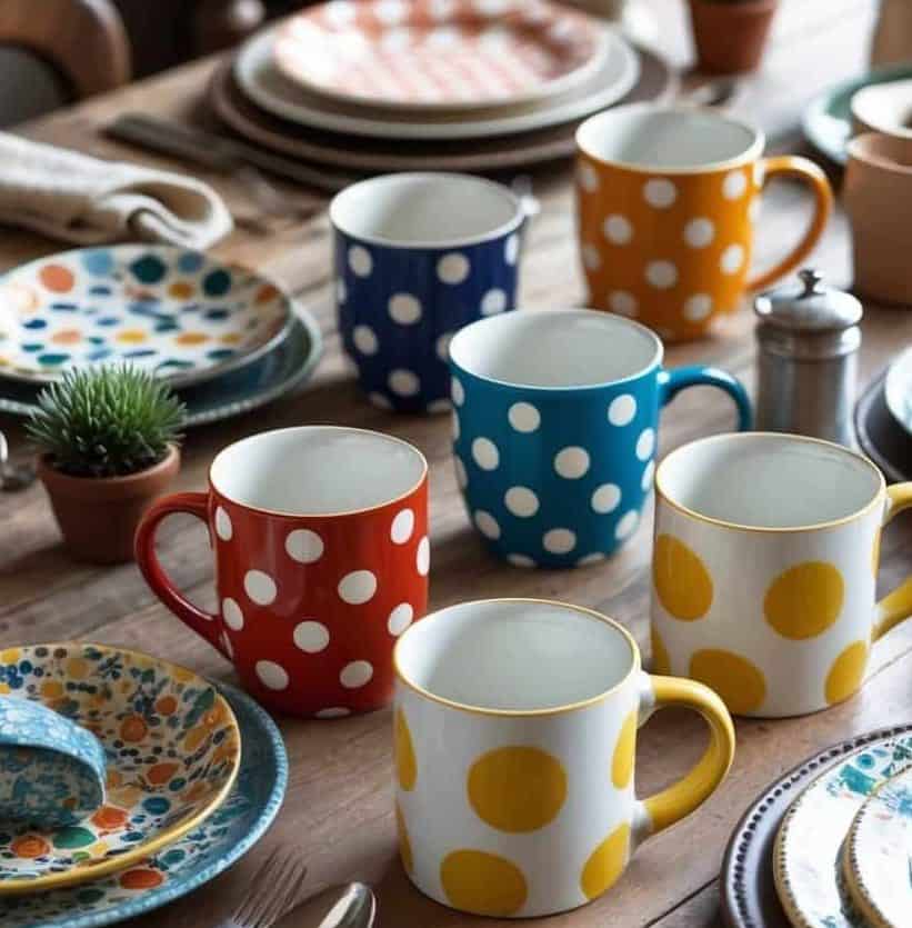 A wooden table set with colorful polka dot mugs, patterned plates, cutlery, and small potted plants, ready for a meal.