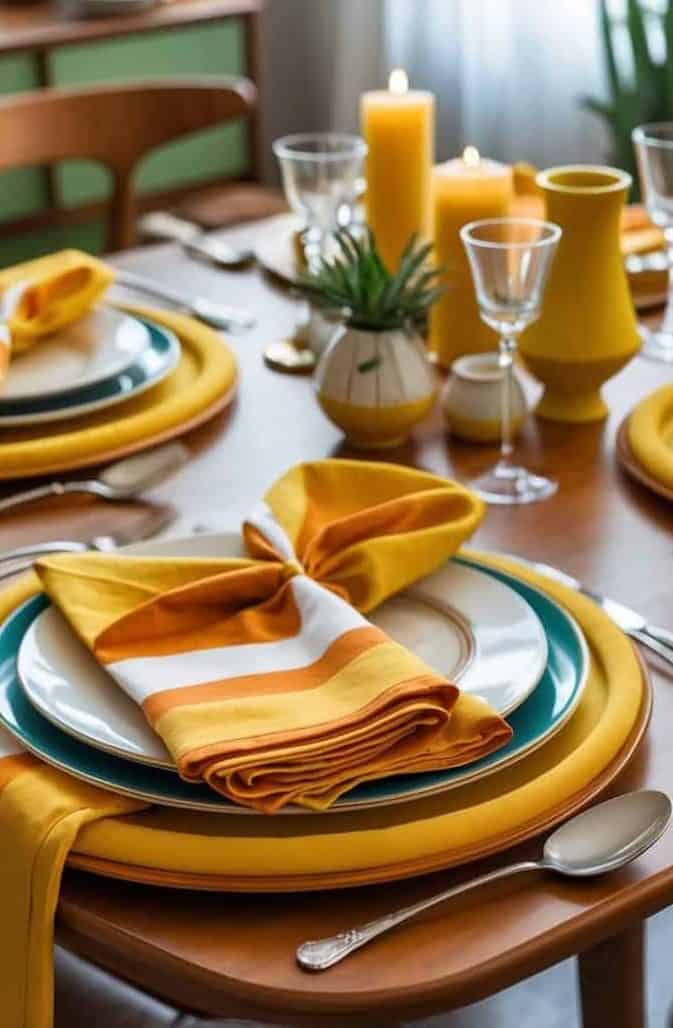 A neatly set dining table with yellow and white striped napkins, yellow candles, green plants, plates, glasses, and silverware arranged for a meal.