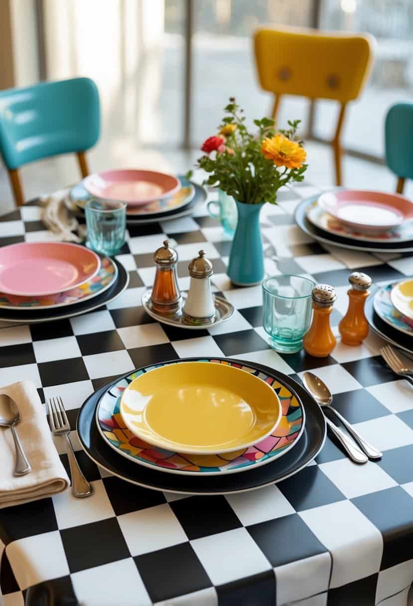 A table set with a black and white checkerboard vinyl tablecloth, colorful plates, glassware, and silverware with a small flower vase in the center.
