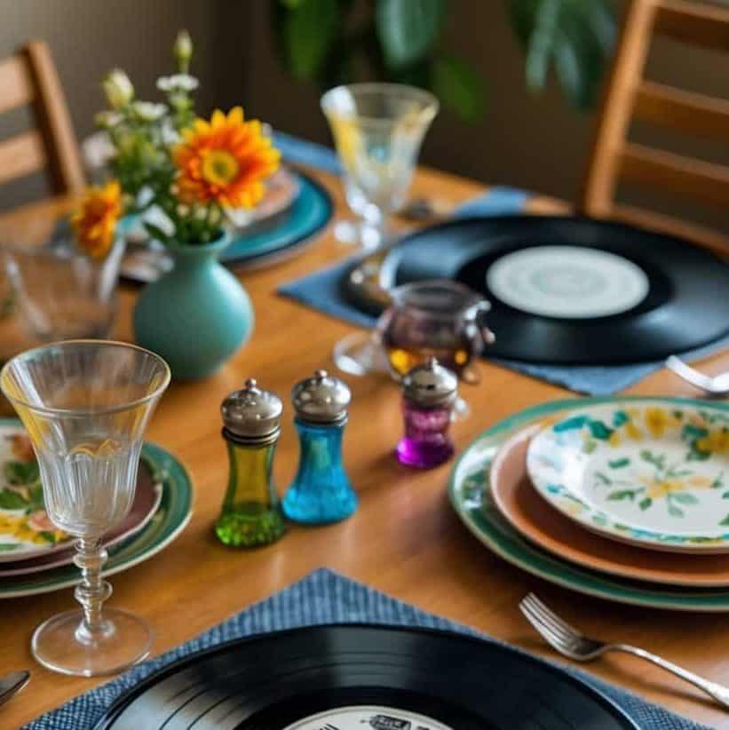 A dining table is set with plates, glasses, cutlery, and vinyl records used as placemats. A vase with flowers and colorful salt and pepper shakers are also on the table.