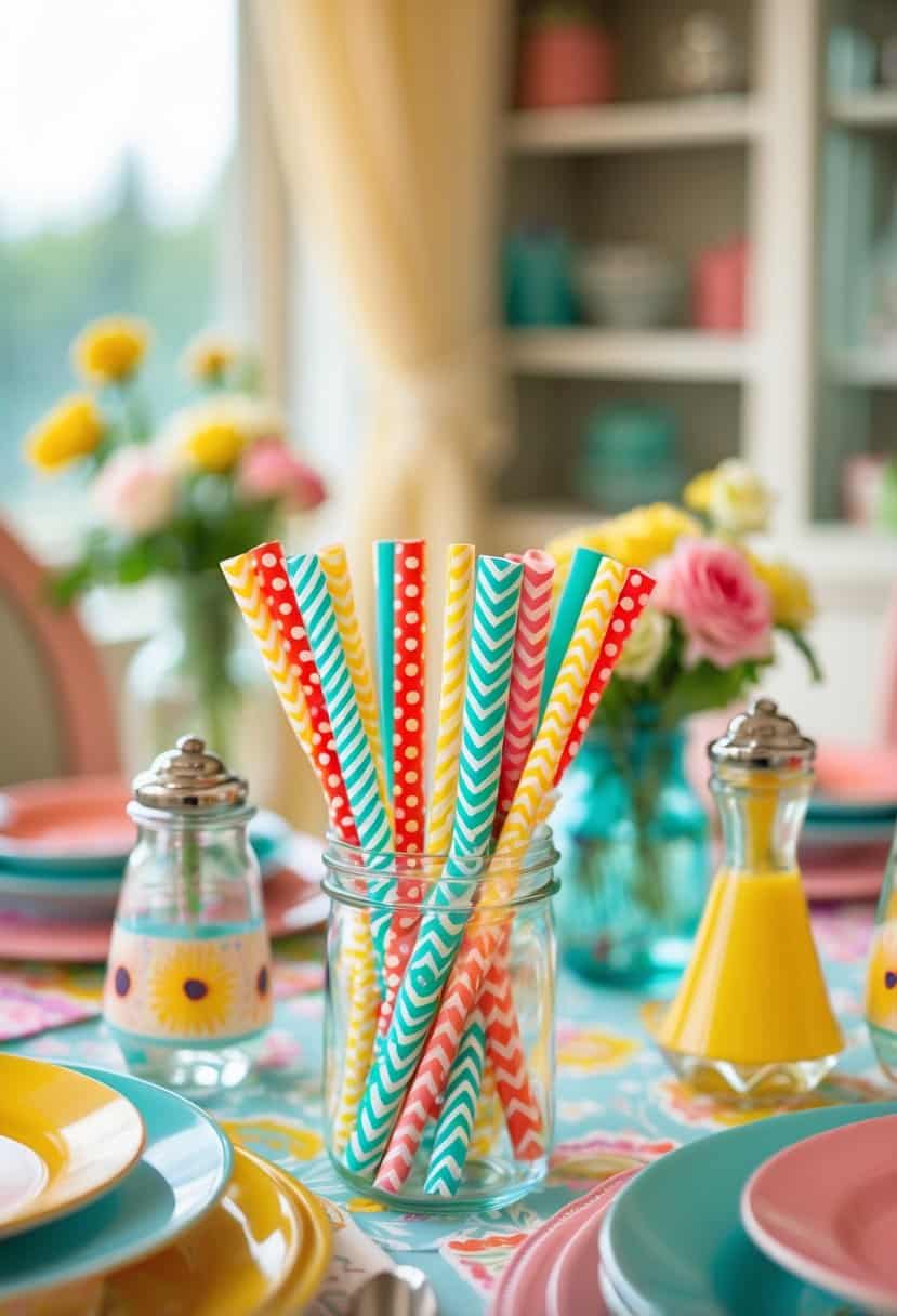 A table set with colorful patterned paper straws in glass jars surrounded by plates, napkins, and decorative items.