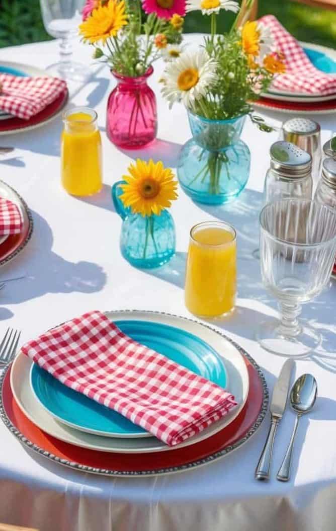 A round table set outdoors with red checkered napkins, colorful plates, glasses, vases of flowers, and small pitchers of juice on a white tablecloth.