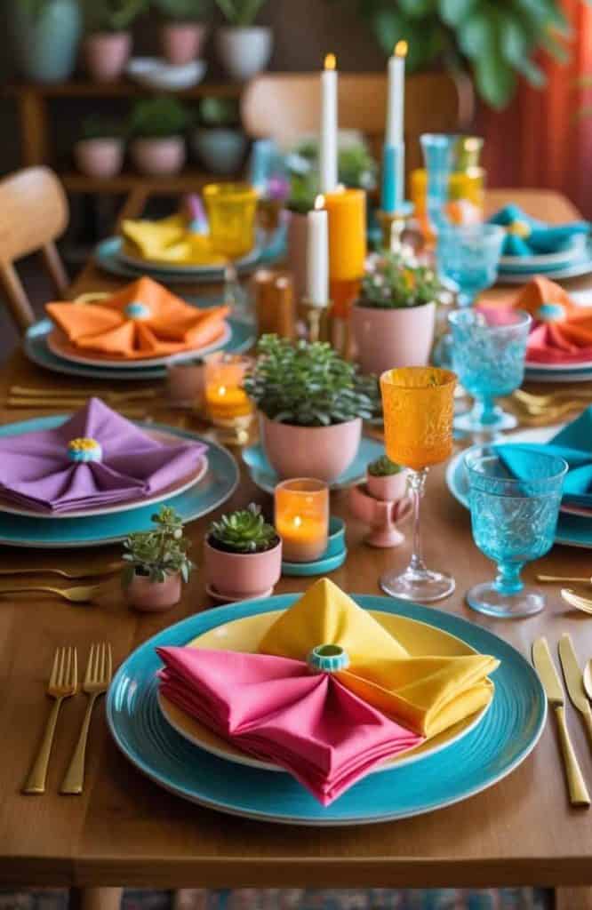 A dining table is set with colorful plates, folded napkins, gold cutlery, candles, glassware, and potted plants as centerpieces.