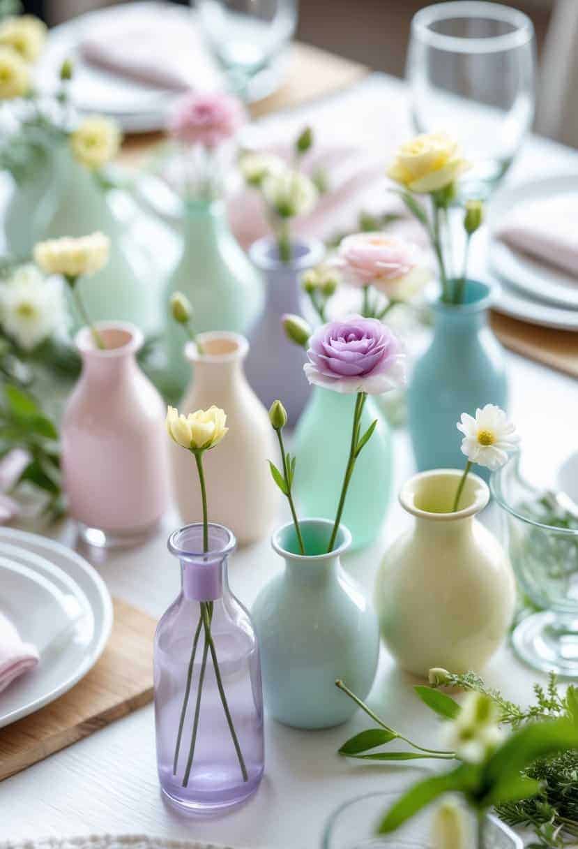A table decorated with pastel-colored bud vases holding single flower buds arranged for a spring event.