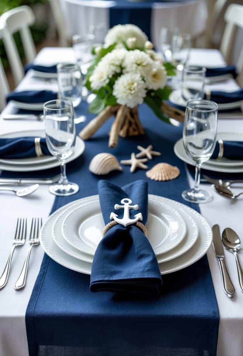 A navy blue and white nautical tablescape with anchor-shaped napkin rings and elegant place settings on a decorated table.