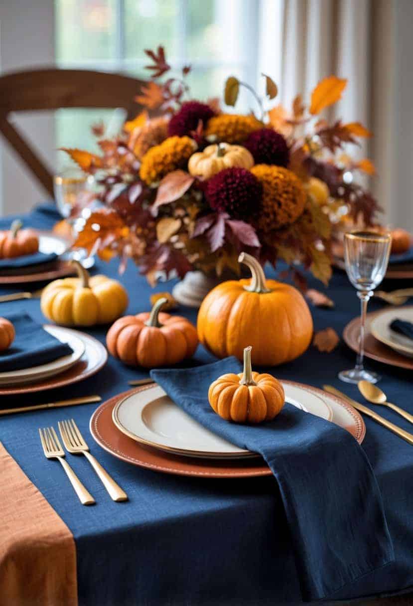 A dining table set for autumn with navy and rust-colored decorations, including plates, napkins, pumpkins, and autumn leaves.