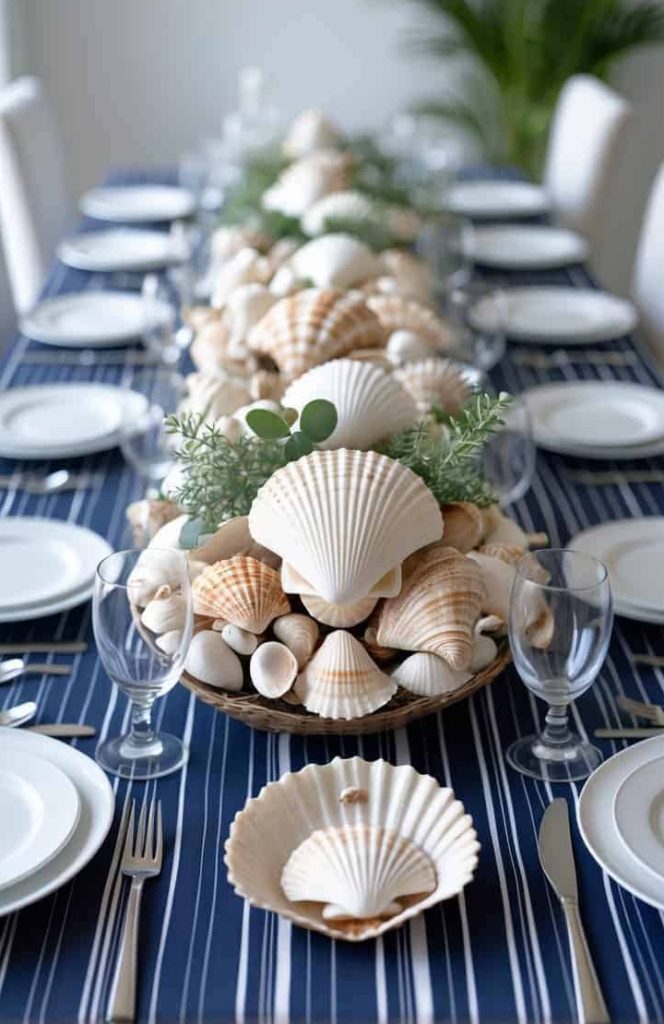 A dining table set with white plates, glasses, and cutlery features a centerpiece of assorted seashells and greenery on a navy blue and white striped tablecloth.