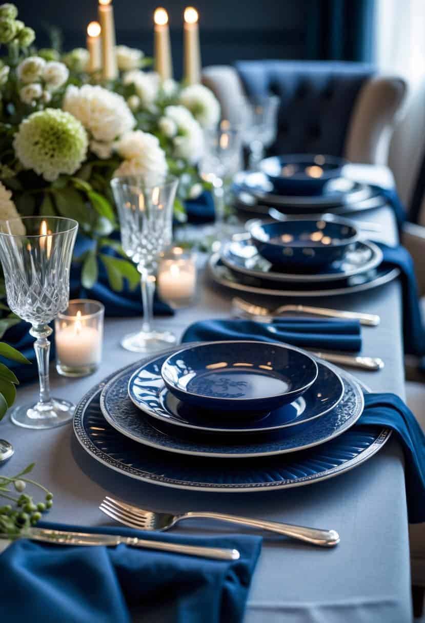 A dining table set with navy blue porcelain plates, silver cutlery, glassware, and floral centerpieces.