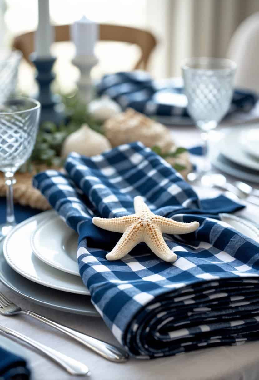 A table setting with navy blue checkered napkins and white starfish accents on a navy-colored table.