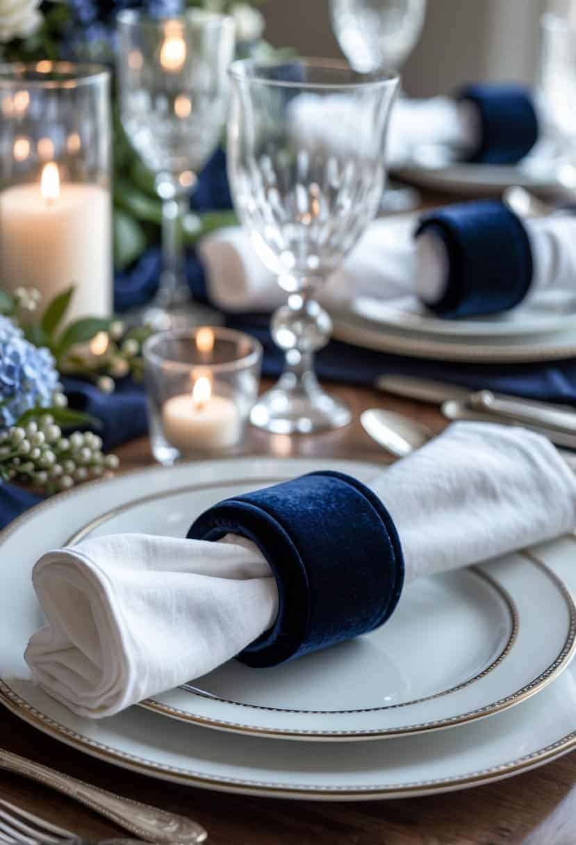 A dining table set with white napkins wrapped in navy blue velvet napkin rings, surrounded by plates, silverware, glasses, and floral decorations.