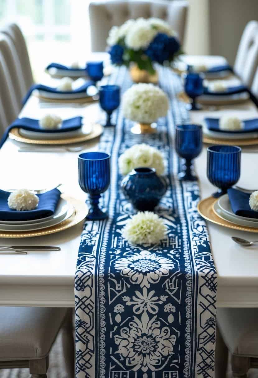 A dining table set with navy and white patterned table runners and matching tableware in an elegant arrangement.