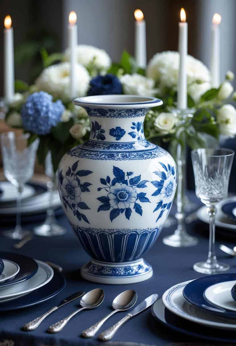 A blue and white ceramic urn vase sits on a navy tablecloth surrounded by navy plates, silver cutlery, glassware, and white flowers.