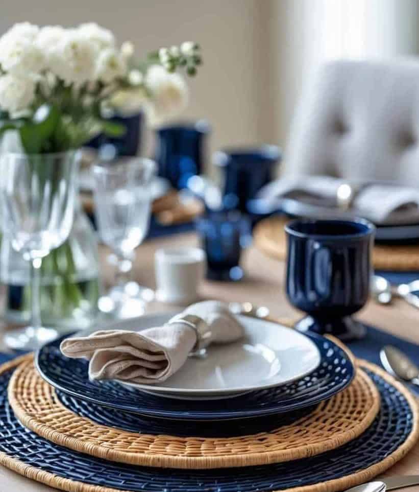 A dining table set with woven placemats, blue and white dishes, navy napkins, glassware, cutlery, and a vase of white flowers.