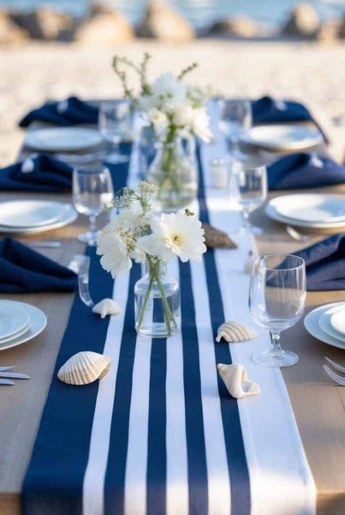 A beachside table setting with white plates, glassware, navy napkins, striped table runner, white flowers in vases, and seashells as decoration. The ocean is visible in the background.