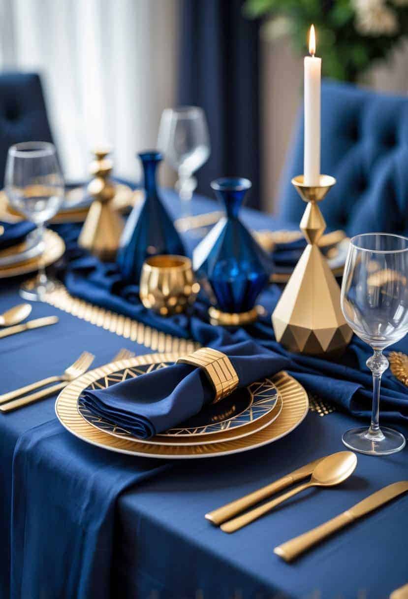A dining table set with navy blue and gold geometric table decorations including plates, napkins, and candle holders.
