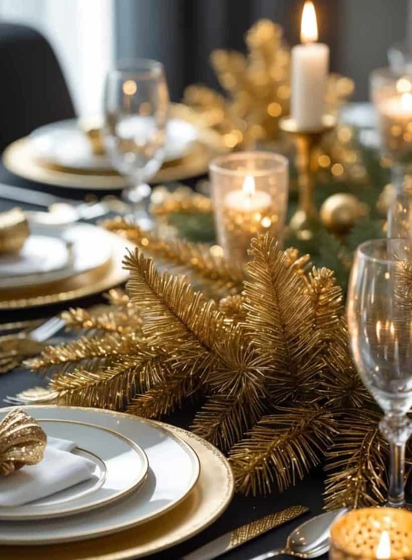 A dining table is set with white and gold plates, gold utensils, glassware, candles, and gold decorative foliage as a festive centerpiece.