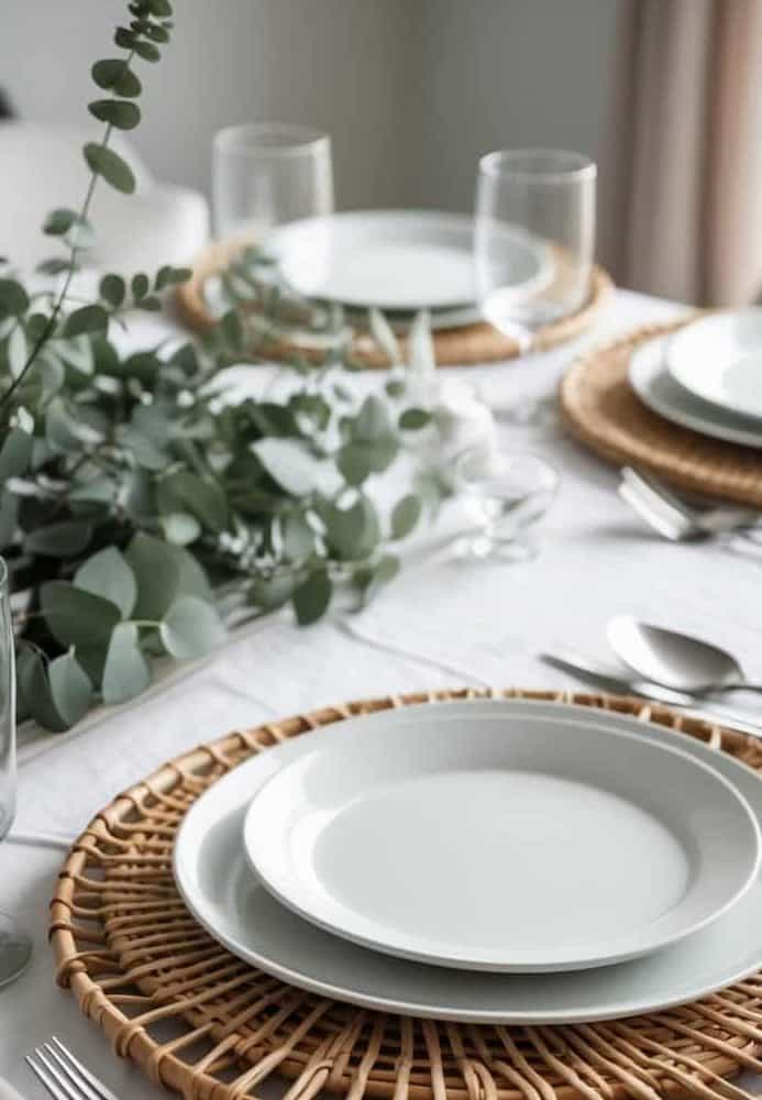 A dining table set with white plates on wicker placemats, stainless steel cutlery, glasses, and a centerpiece of green foliage on a white tablecloth.