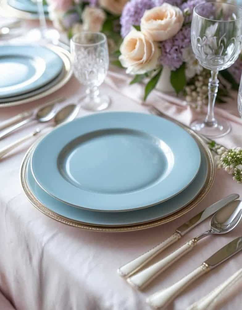 Elegant pastel blue dinnerware with gold accents, set for a formal meal with floral centerpiece, crystal glassware, and fine silverware on a soft pink tablecloth for a sophisticated dining experience.