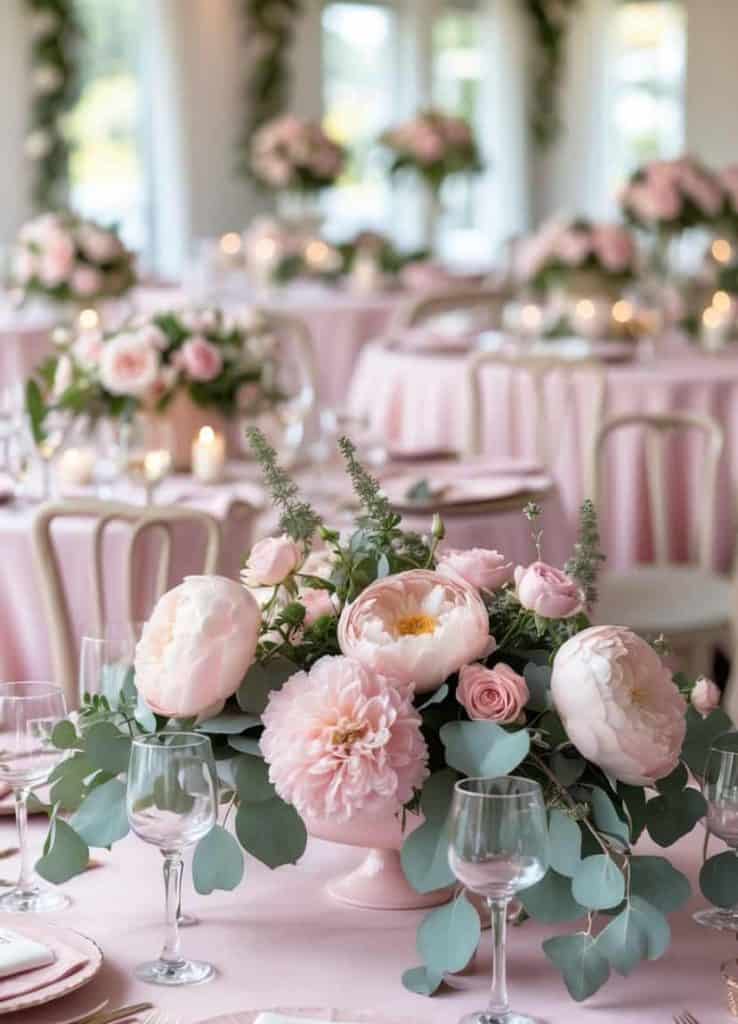 Elegant banquet tables decorated with pink linens, glassware, and centerpieces of pink peonies, roses, and greenery, set in a well-lit event space.