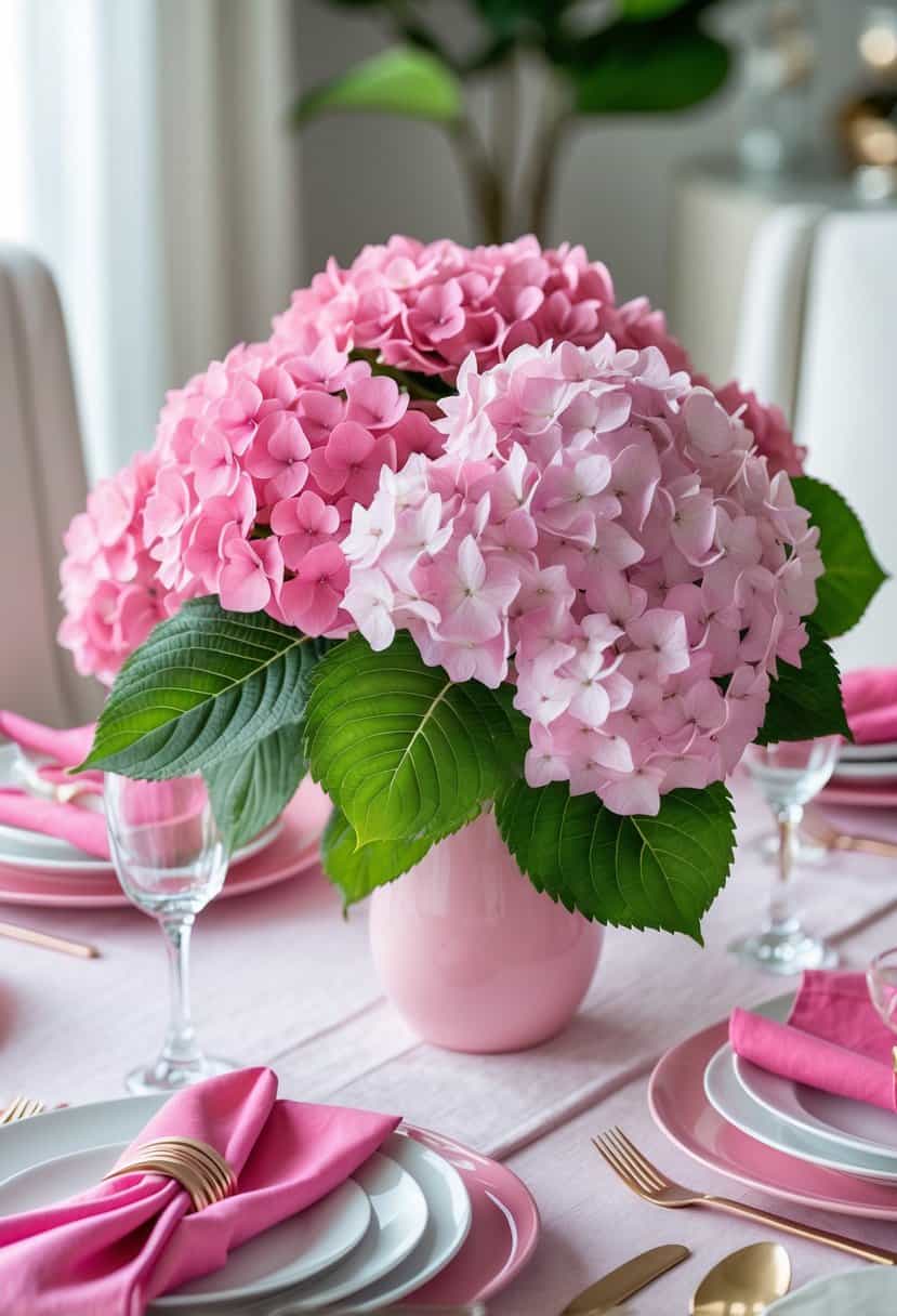 A bright pink hydrangea bouquet centerpiece on a dining table set with pink tableware.