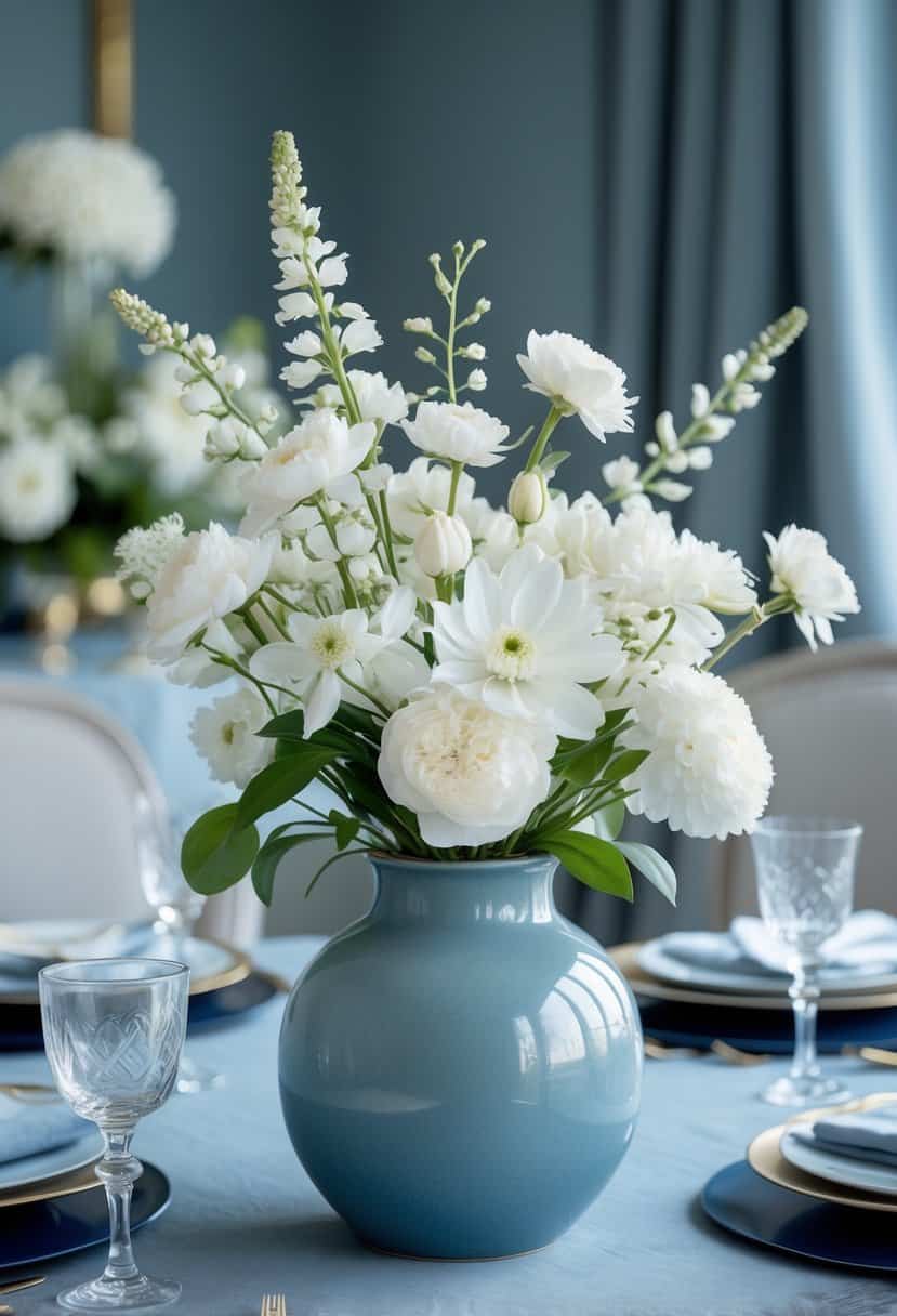 A white flower arrangement in a dusty blue vase placed on a dusty blue table setting.