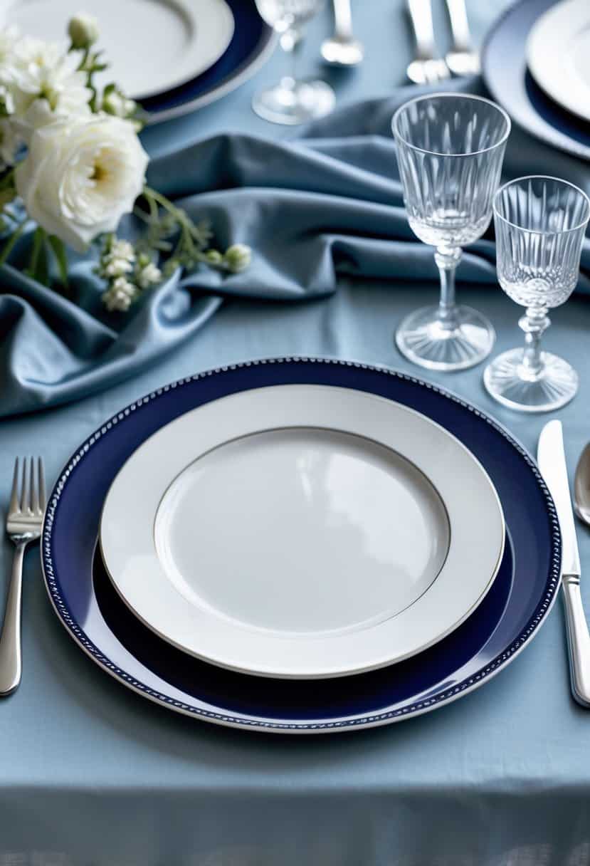 A dining table set with navy blue charger plates beneath white dinner plates on a dusty blue tablecloth, with silverware and glassware arranged neatly.